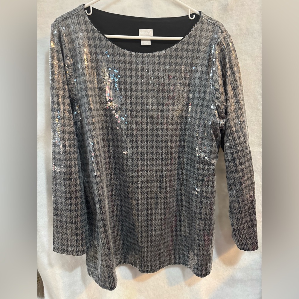 Chico's Gray Sequin Houndstooth Blouse